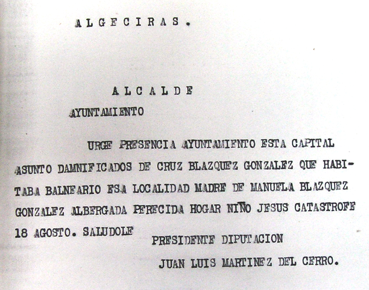 Telegrama solicitando la localización de la madre de la niña albergada Manuela Blázquez González