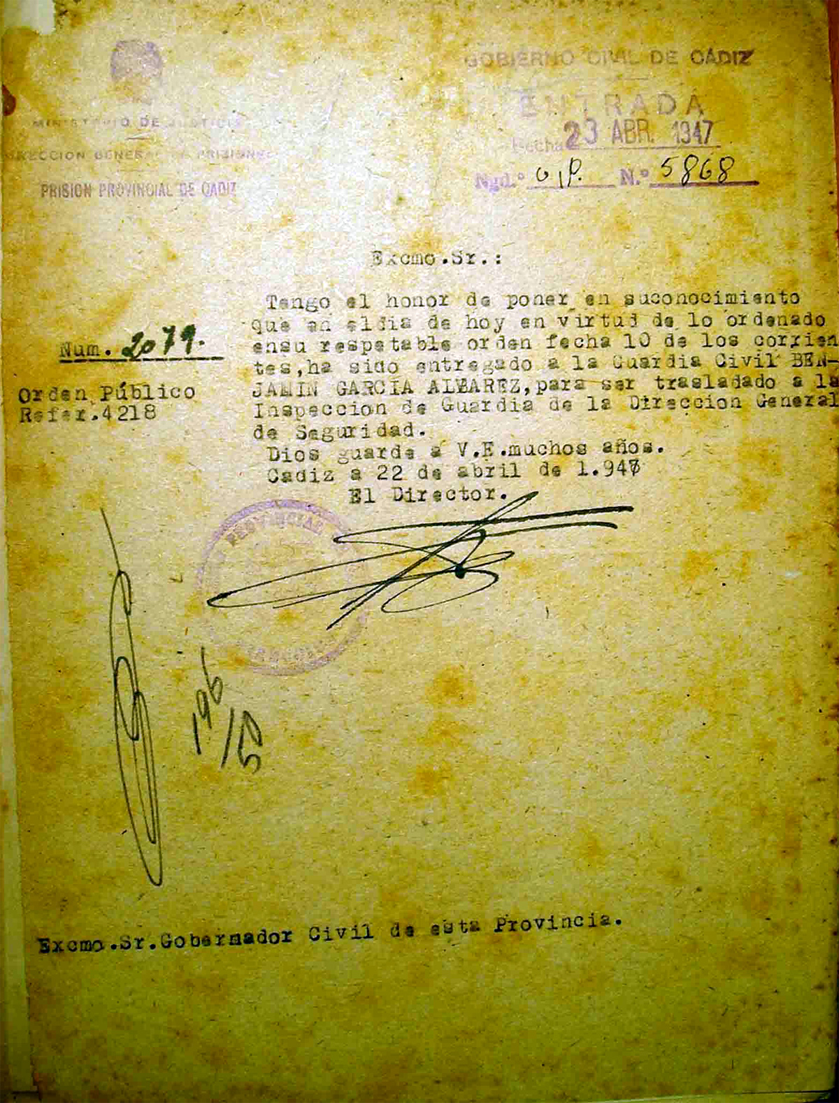 Notificación de entrega a la Guardia Civil de Benjamín García Álvarez