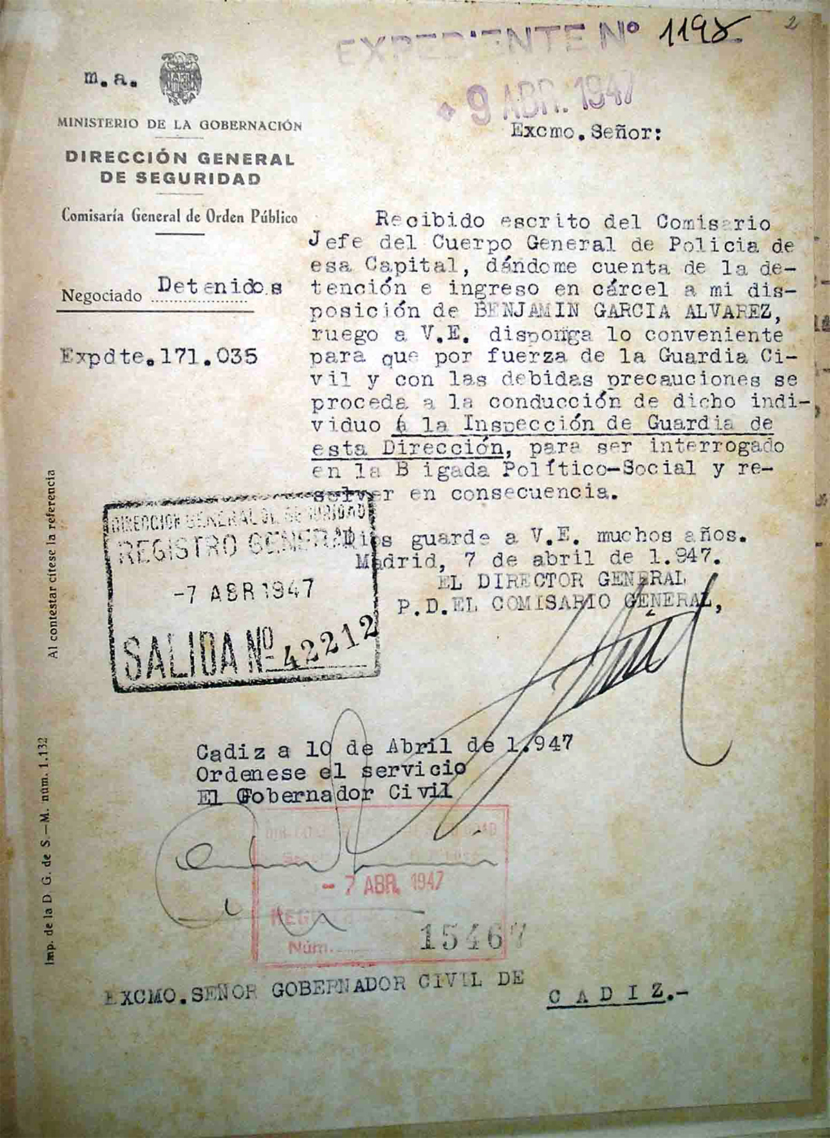 Escrito de la Dirección General de Seguridad solicitando la entrega del detenido Benjamín García Álvarez
