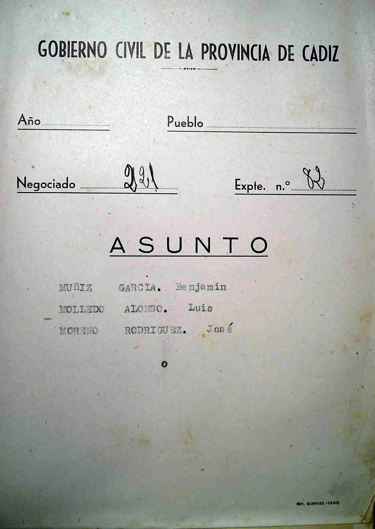 Portada del expediente Nº 82 del Gobierno Civil sobre Benjamín García Álvarez