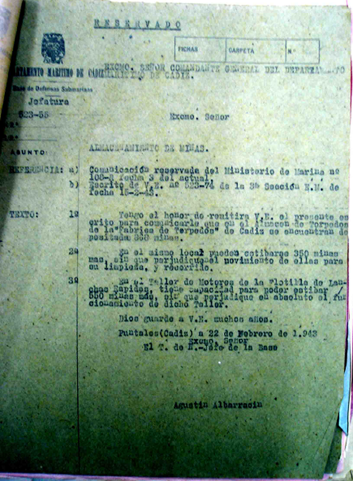 Escrito sobre el almacenamiento de minas existente a 22 de febrero de 1943