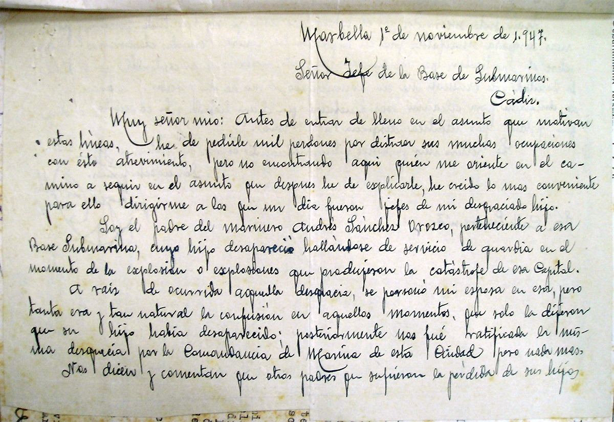 Carta del padre de Andrés Sánchez Orozco dirigida al comandante de la base 1