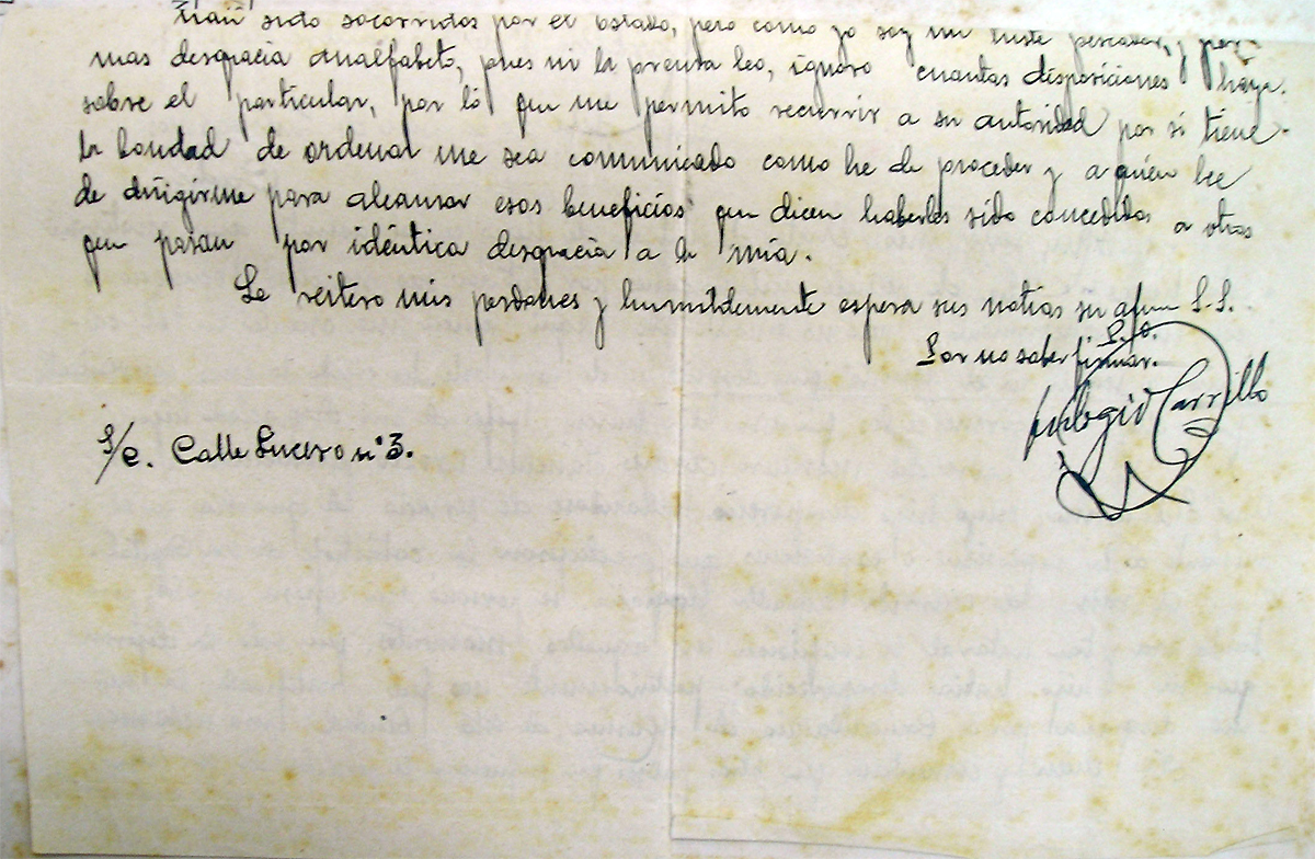Carta del padre de Andrés Sánchez Orozco dirigida al comandante de la base 2