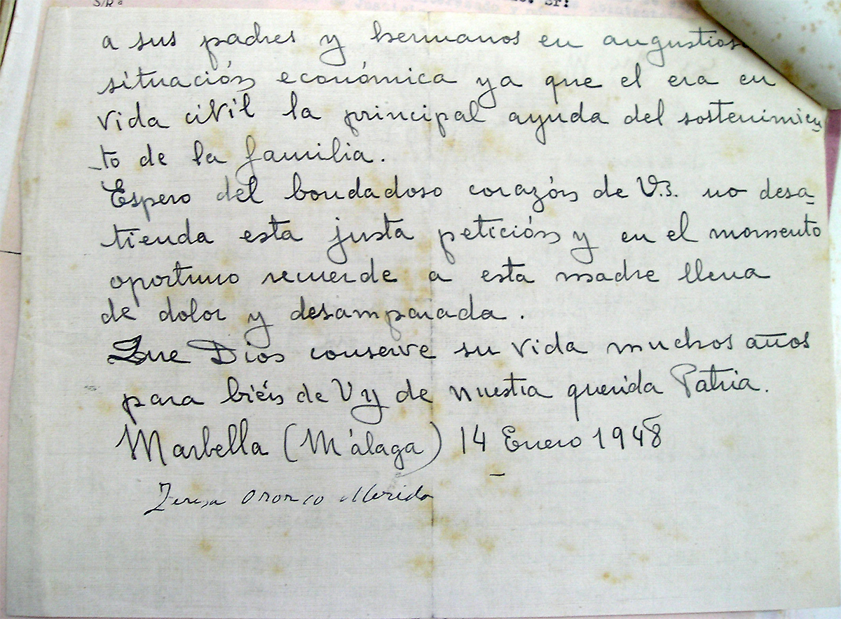 Carta de la madre de Andrés Sánchez Orozco dirigida al comandante de la base 2