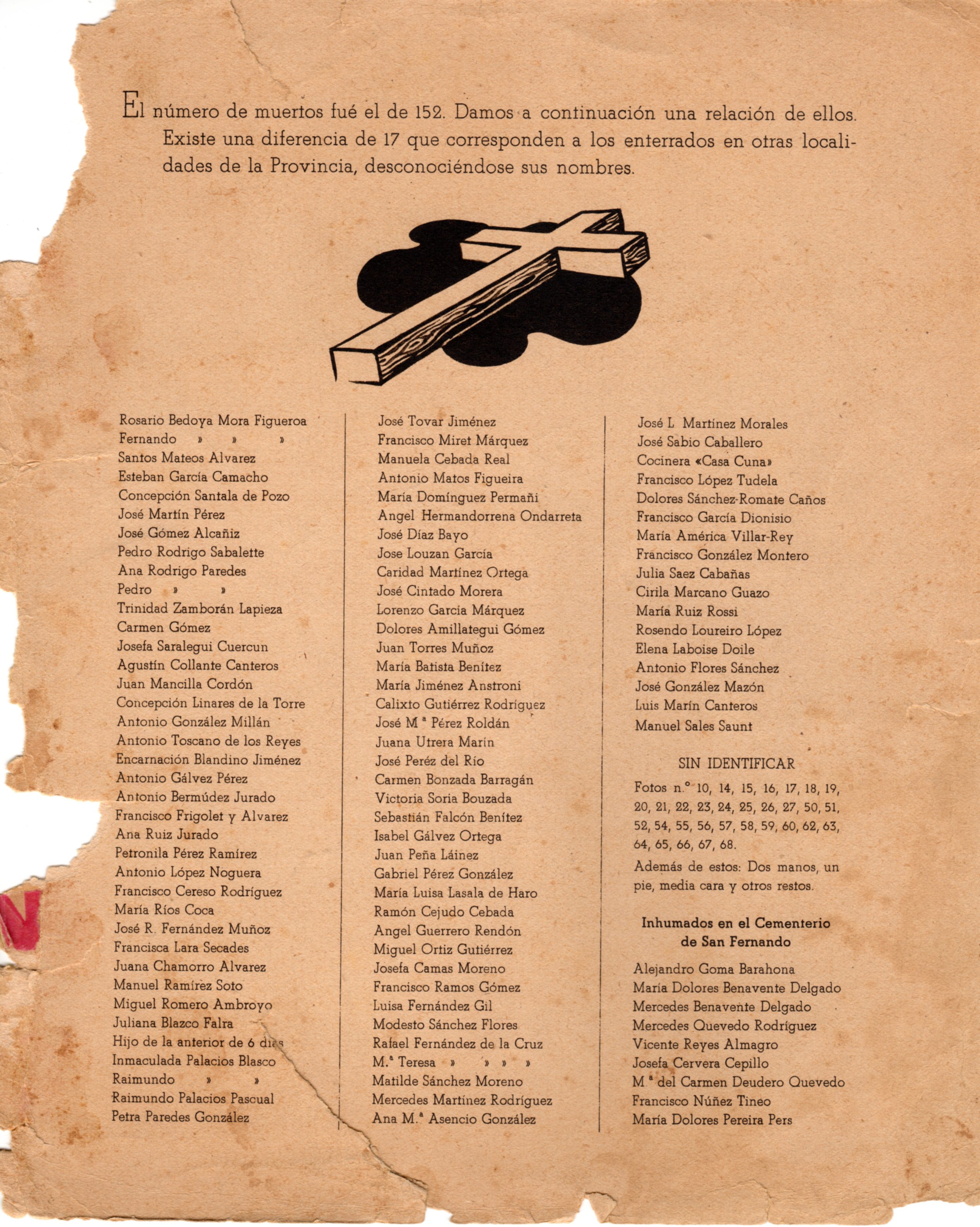 Lista oficial de fallecidos publicada en "Cádiz, la Mártir".